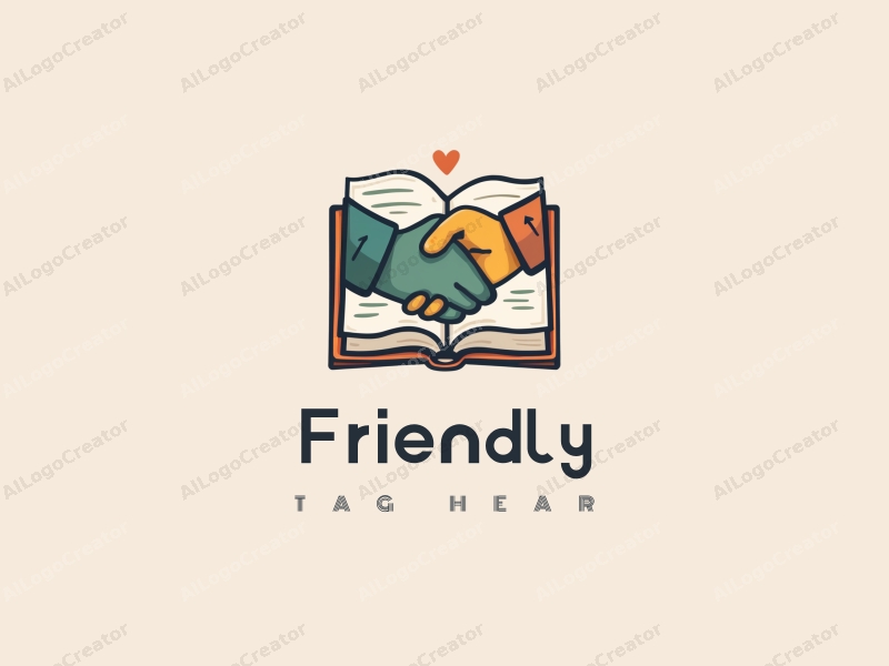 playful design features a stylized book and a handshake, combined with a clean background, emphasizing friendship and community in an educational and social context.