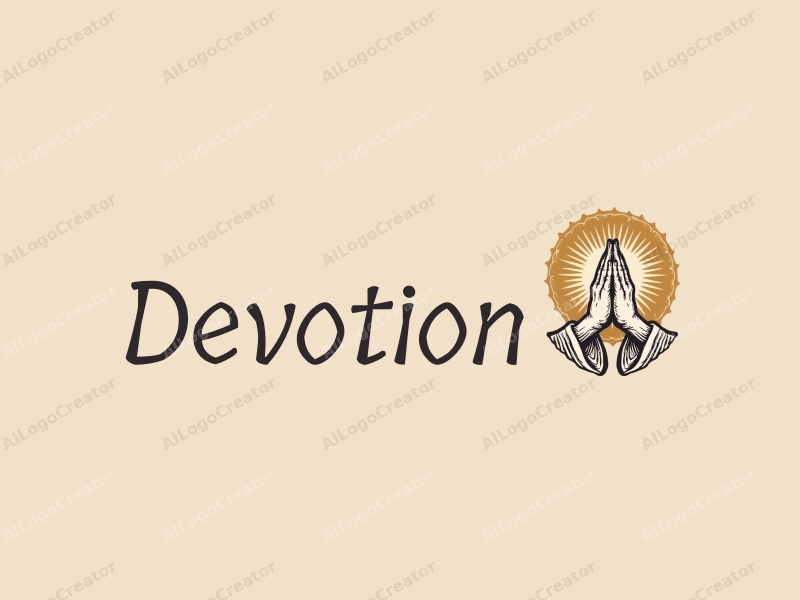 vintage design features a stylized halo above a pair of hands in a prayer position, combined with golden accents and a clean background.