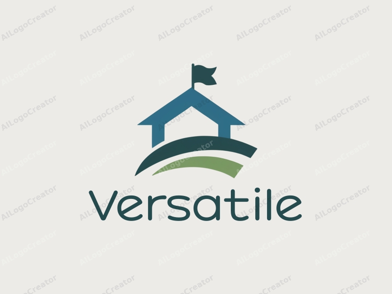 a modern minimalist design featuring a stylized roof and flag, incorporating multifunctional and adaptable elements, with a clean background in blue and green colors.