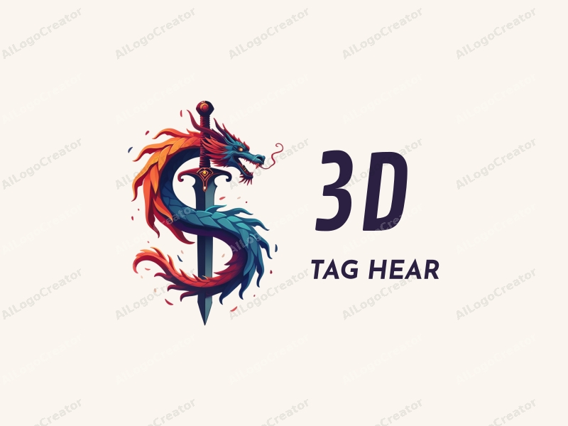 a modern design featuring a dynamic 3D dragon intertwined with a sword, showcasing vibrant colors and a clean background, emphasizing movement and energy.