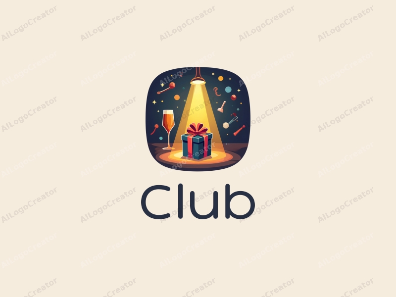 a modern design featuring a stylized club scene with social elements, spotlight effects illuminating a gift, combined with a clean and simple background.