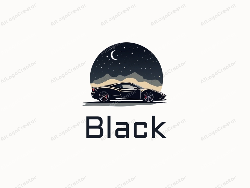 minimalist design features a sleek silhouette of a sports car against a starry night background, emphasizing simplicity and elegance with a clean black color palette.