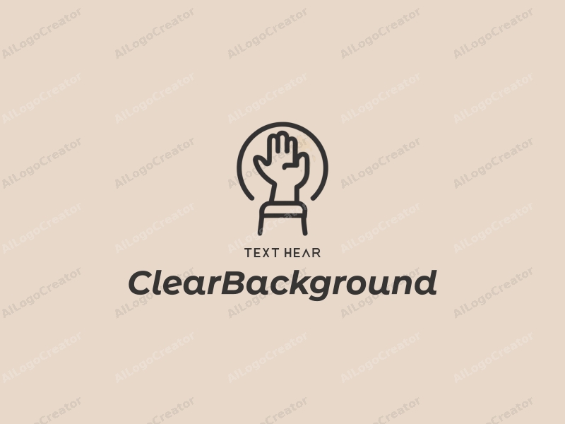 minimalist design features a stylized hand reaching towards a circular shape, incorporating a wristband element, combined with a clean and transparent background.