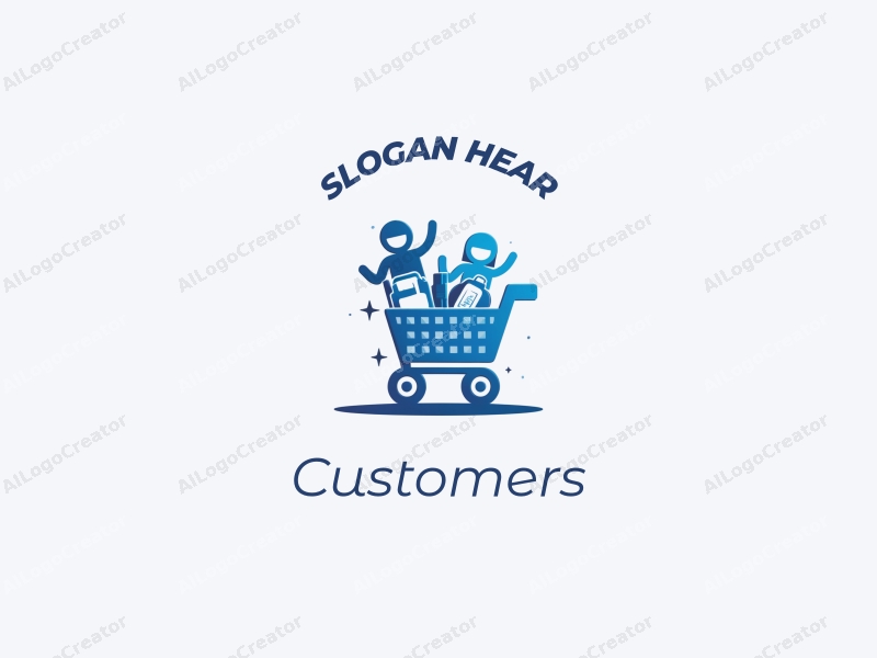 a modern design featuring a stylized shopping cart filled with products, accompanied by abstract representations of customers and shoppers, utilizing a clean and simple composition with a blue color palette.