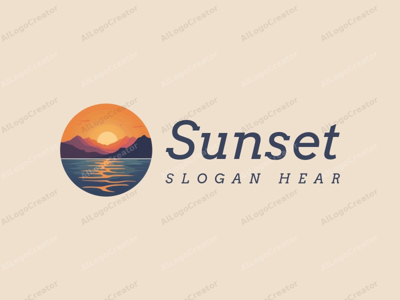 vintage design features a stylized sunset over the ocean with mountains in the background, incorporating warm orange and purple hues, combined with a clean and harmonious layout.