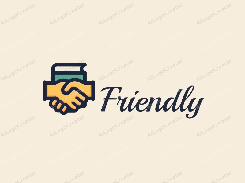 playful design features a stylized book and a handshake, combined with a clean background, emphasizing friendship and community in an educational and social context.