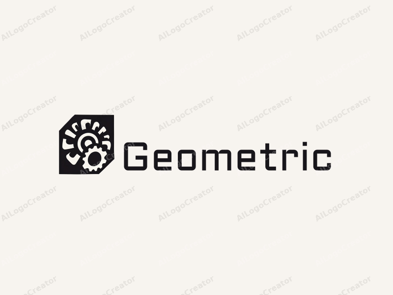 geometric design features a combination of squares and circles, incorporating a stylized diesel engine and gear, with a clean black and white color scheme.