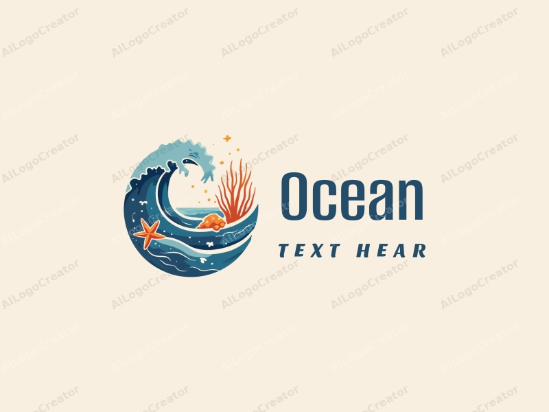 modern design features stylized waves, marine life elements like starfish and coral, combined with a clean background and a harmonious composition.