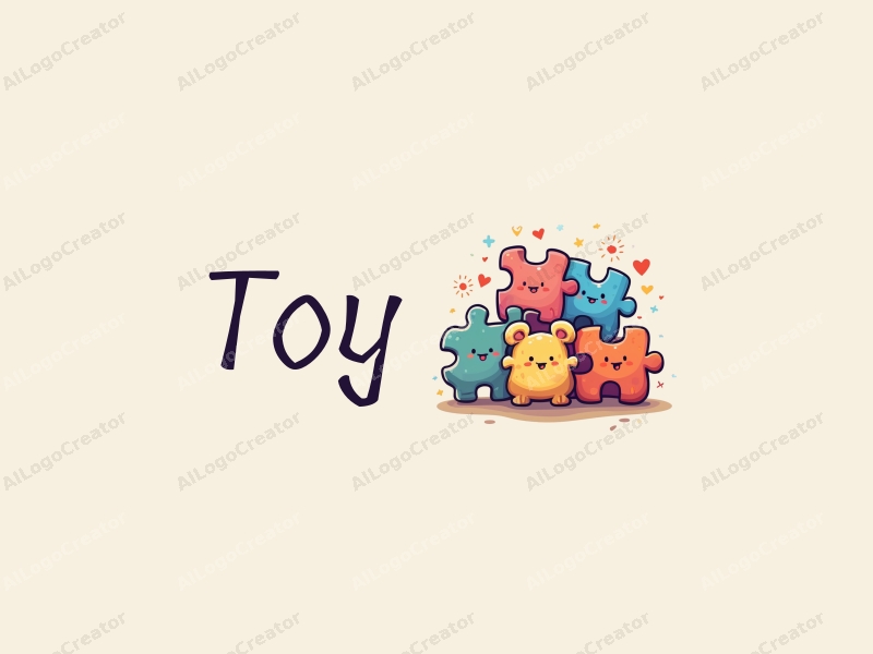 playful design features colorful plush toys and puzzle pieces, combined with a whimsical approach and a clean background.