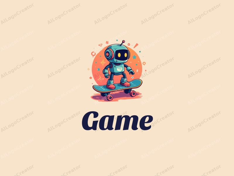 playful design features vibrant colors, a stylized skateboard and robot intertwined, with game and toy elements, combined with a clean background.