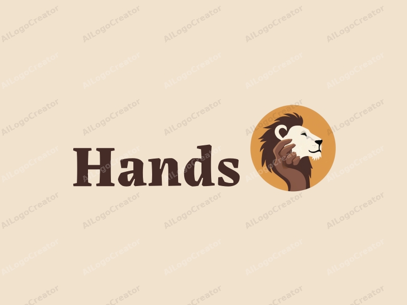 a modern design featuring a hand gripping a stylized lion inside a circle, using skin tone colors, combined with a clean and simple background.