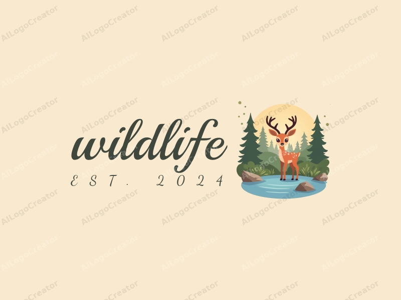 playful design features a stylized fawn by a serene lake, surrounded by lush greenery and wildlife, incorporating natural color tones with a clean and harmonious background.