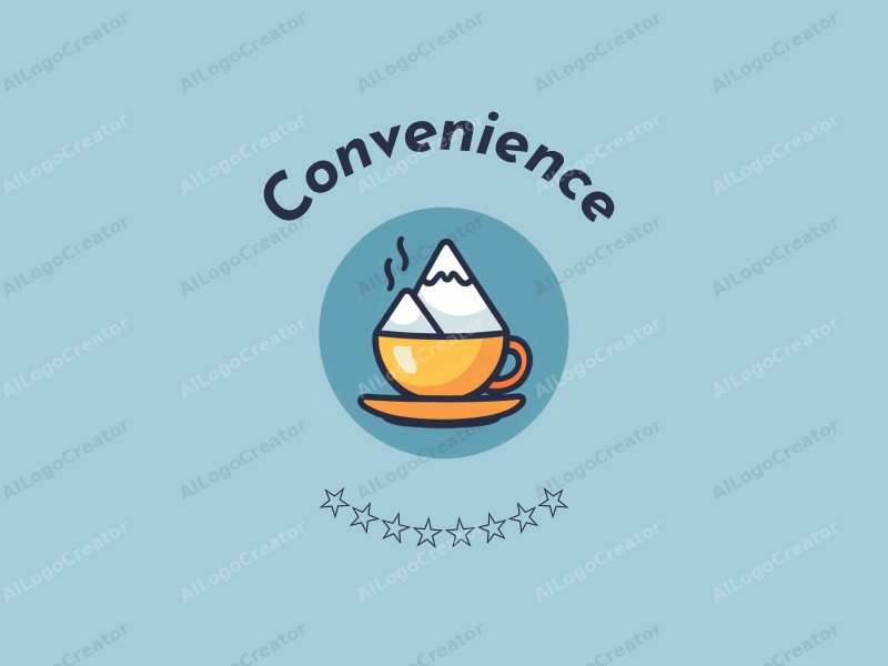 a modern design featuring a stylized teacup and a snow mountain, emphasizing practicality and convenience, combined with a clean blue background.