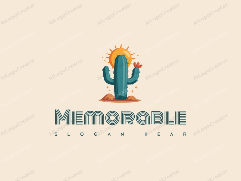 playful design features a stylized cactus under a bright sun, incorporating blue and orange colors with a clean background, emphasizing memories and iconic symbols.