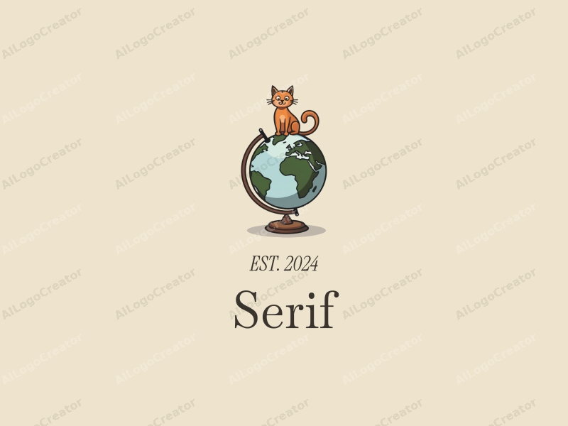 vintage design features a serif font, a small cat sitting on top of a globe, combined with a clean background.