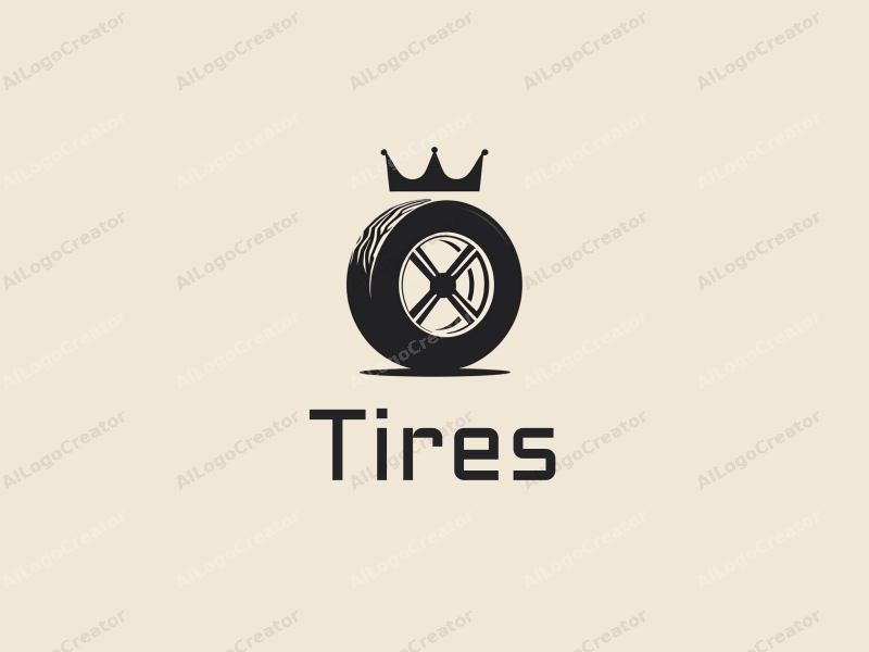 a modern design featuring a stylized tire and crown integrated with a car wheel, utilizing a clean and simple composition.