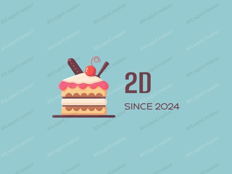 a modern design featuring a stylized cake with baking elements, incorporating a clean and simple 2D flat design approach, set against a blue background.