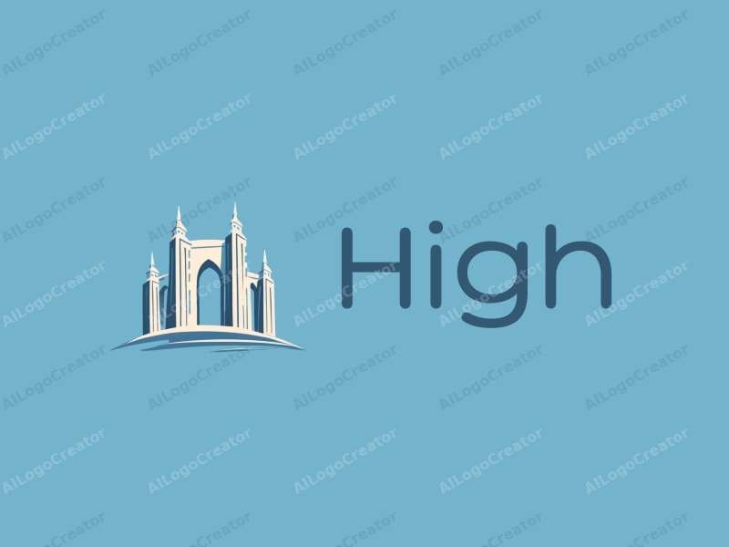 a modern design featuring tall and majestic towers and arches, combined with a clean blue background and a minimalist approach.