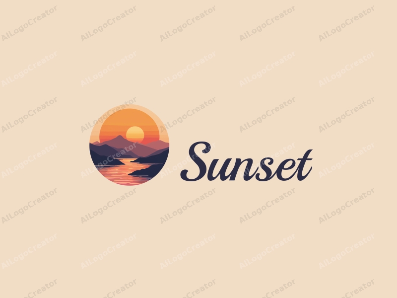 vintage design features a stylized sunset over a serene coastline with mountains in the background, incorporating warm orange and purple hues, combined with a clean and harmonious layout.