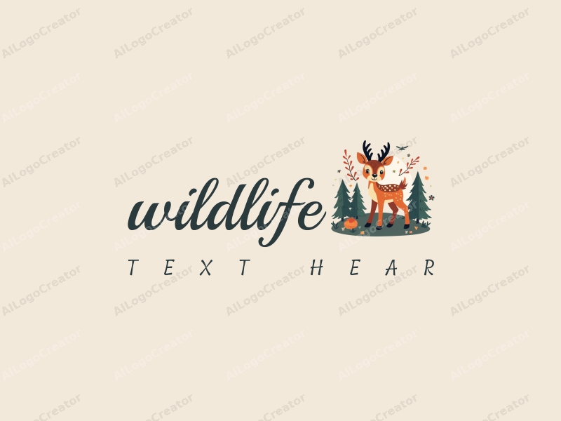 playful design features a stylized fawn amidst a vibrant forest scene, incorporating elements of wildlife and nature, with a clean background and harmonious composition.