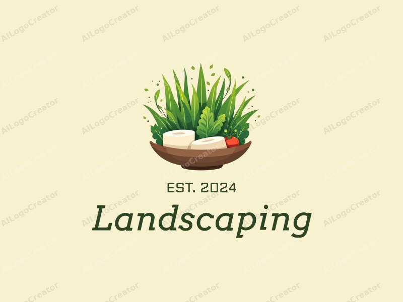 modern design features a stylized lawn and garden with abstract representations of tofu and vegetables, combined with a clean background.