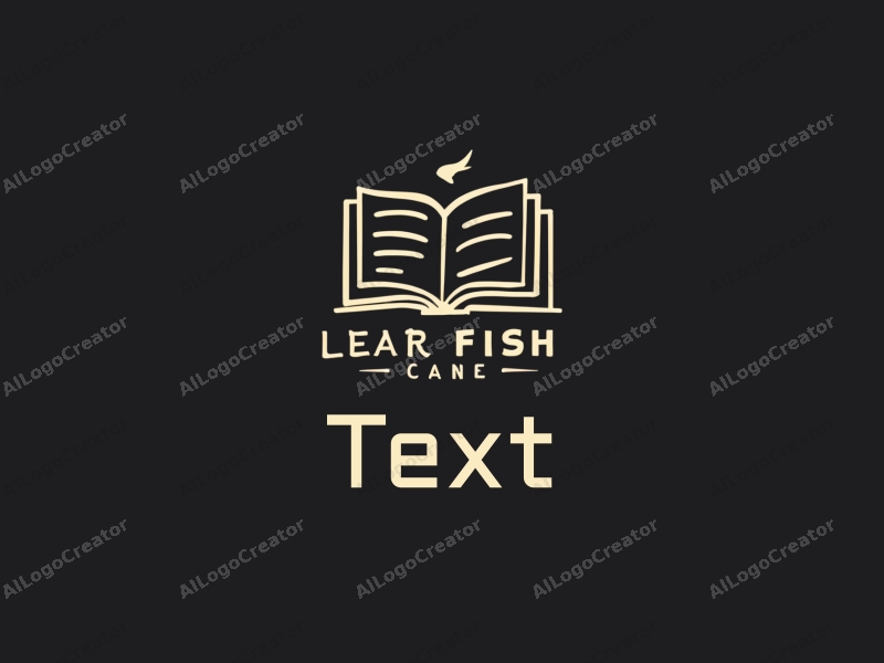 modern design features stylized text and font, an abstract book shape, and a fish motif combined with a clean black background.