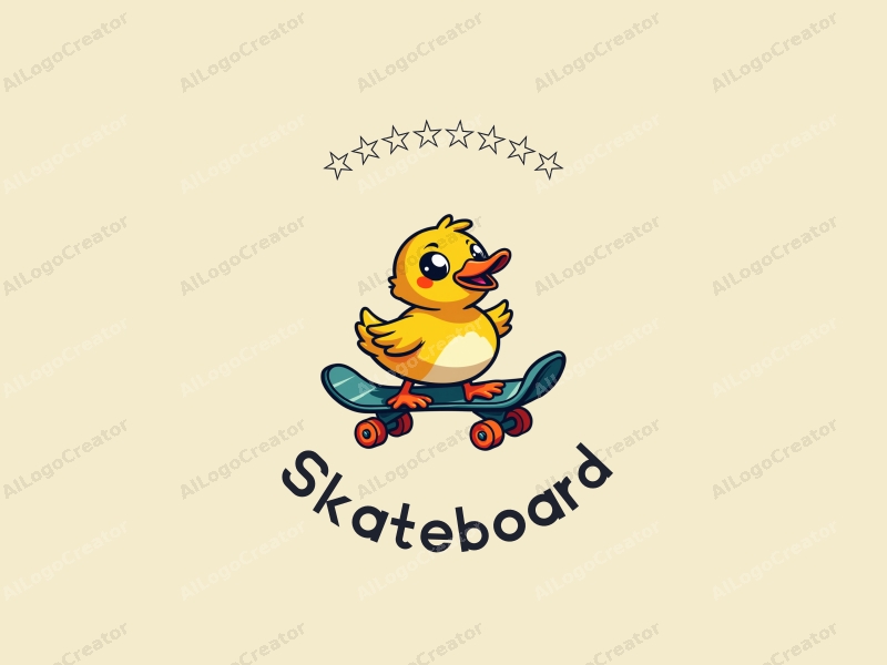 playful design features a vibrant skateboard and a whimsical duck, combined with a clean background and a fun, energetic composition.