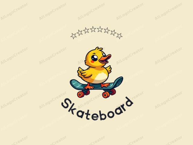 ein spaßiges Design mit einem lebendigen Skateboard und einer verspielten Ente, kombiniert mit einem sauberen Hintergrund und einer lustigen, dynamischen Komposition.