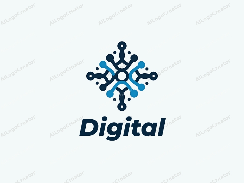 minimalist design features digital elements like circuits and chains, a modern aesthetic with blue and black colors, combined with a clean background.