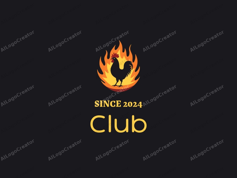 a modern minimalist design featuring a stylized chicken surrounded by flames, representing a vibrant social club atmosphere, combined with a clean black background.