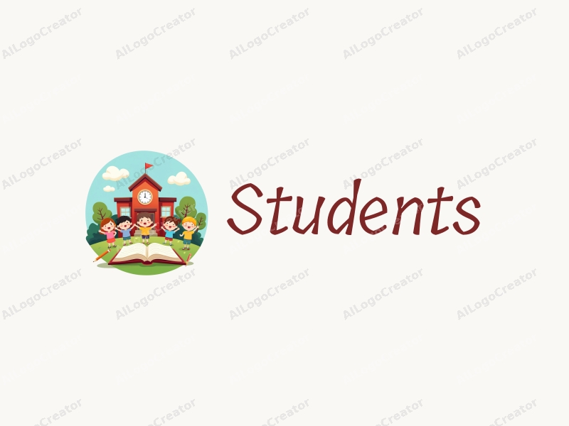 playful design features cheerful students, a stylized school building, open books, and pencils arranged harmoniously with a vibrant background.