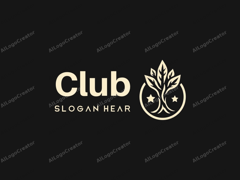 a modern design featuring a stylized club and social elements, incorporating a tree and stars, with a clean and simple composition against a black background.