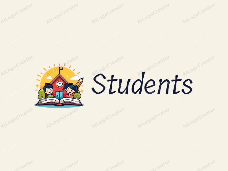 playful design features cheerful students, a stylized school building, open books, and pencils arranged harmoniously with a vibrant background.