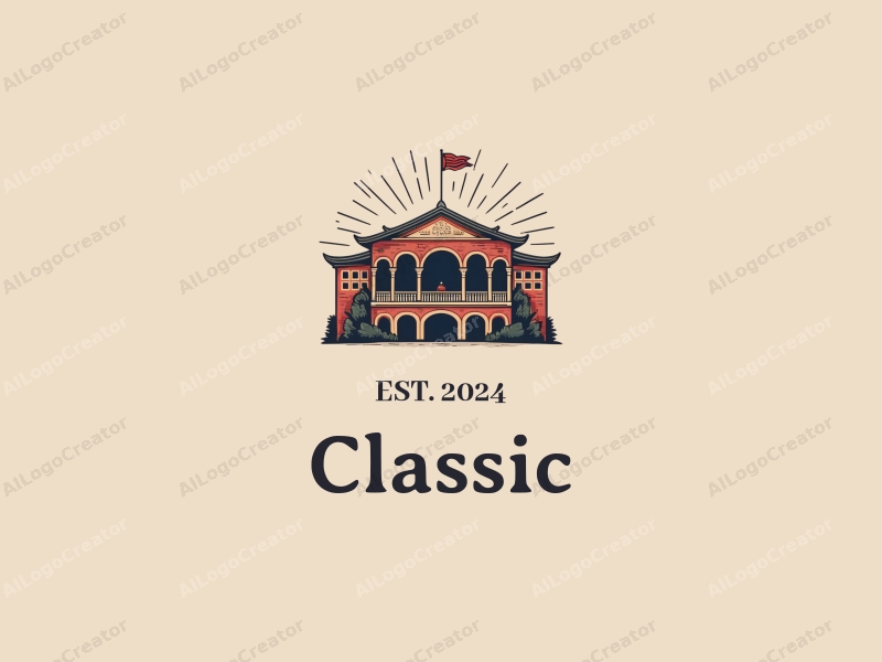 vintage design features classic and traditional motifs, incorporating elements of toys and an arena, with a harmonious blend of dark and neutral colors against a clean background.