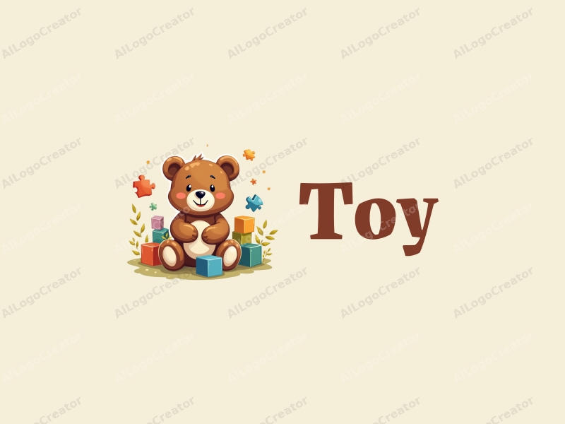 playful design features a stylized teddy bear, colorful puzzle pieces, and building blocks combined with a clean background.