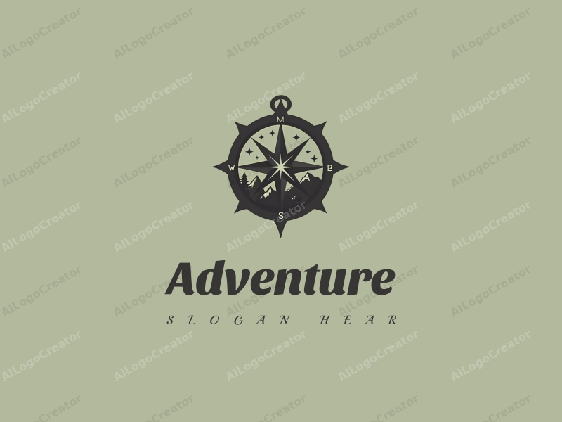 playful design features a stylized compass intertwined with mountain silhouettes, incorporating elements of adventure and exploration, set against a clean green background.