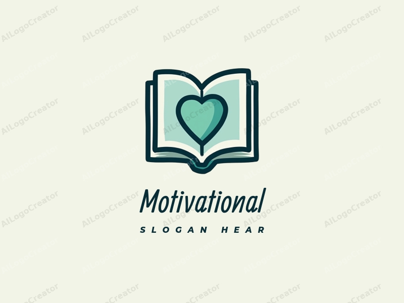 modern design features a stylized book and a heart symbol, representing motivation and encouragement, combined with a clean background in blue and green colors.