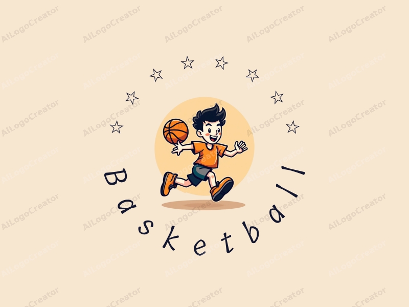 playful design features a cheerful basketball, an energetic athlete in motion, combined with a clean background.