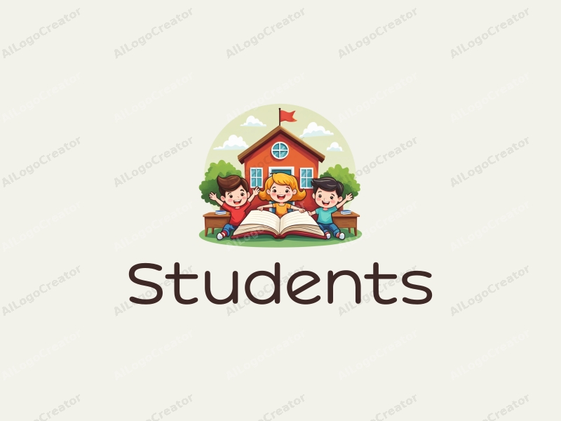 playful design features cheerful students, a stylized school building, open books, and desks, combined with a vibrant and colorful background.