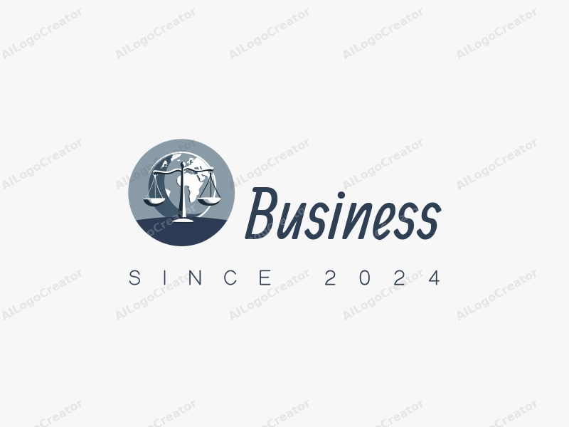 a modern minimalist design featuring a stylized globe, legal scales, and corporate office elements, combined with a clean background in blue and gray tones.