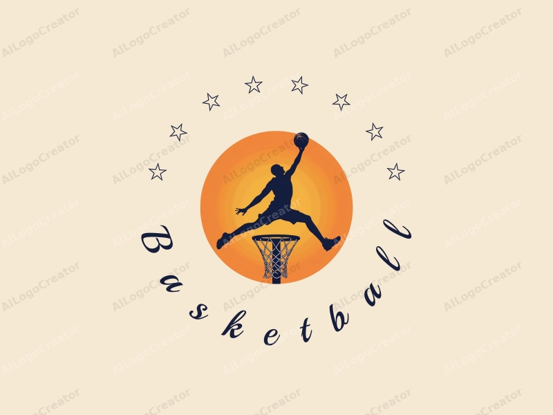 playful design features a dynamic athlete leaping towards a basketball hoop, with a vibrant orange color palette, incorporating elements of basketball and movement in a clean and harmonious composition.