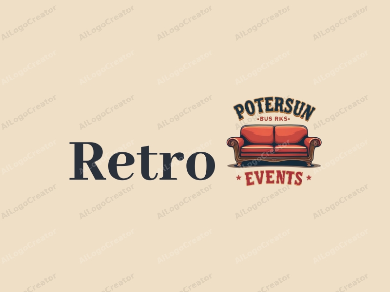 vintage design features a retro sofa and a retro poster, combined with stylized letters representing events, set against a clean background.