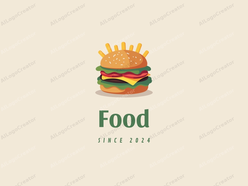 a modern design featuring a stylized burger and fries, with vibrant colors and a clean background, emphasizing the deliciousness of the food in a harmonious and simple composition.