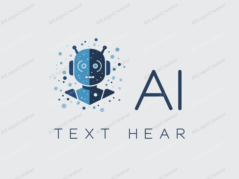 a modern minimalist design featuring a stylized robot silhouette, abstract data patterns, and algorithmic shapes combined with a clean blue and gray background.