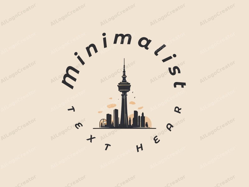 minimalist design features a stylized tower silhouette with clean lines and a shadow effect, combined with a tag style approach and a simple background.