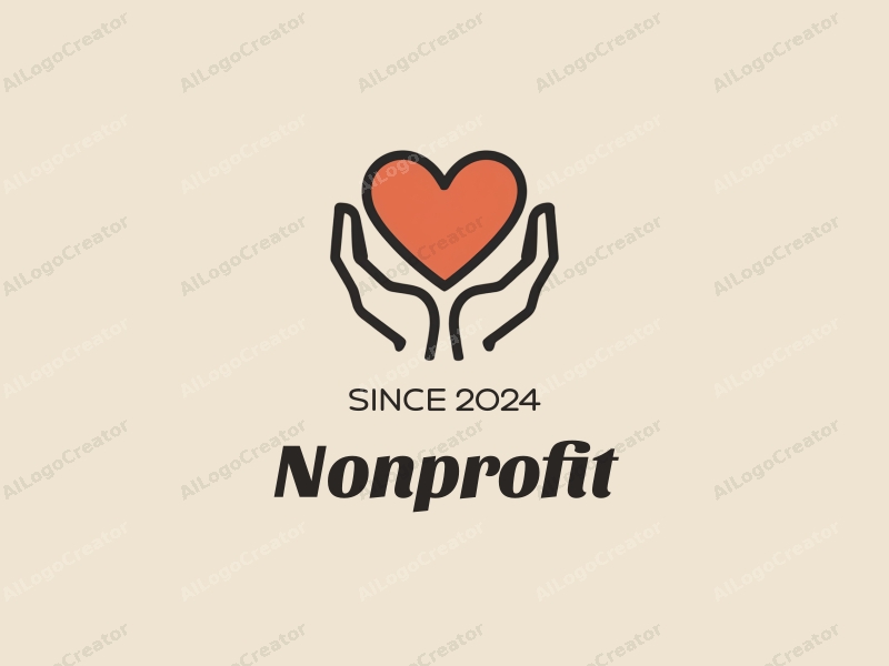 modern design features a heart shape cradled by two hands, symbolizing charity and volunteerism, with a clean background and harmonious composition.