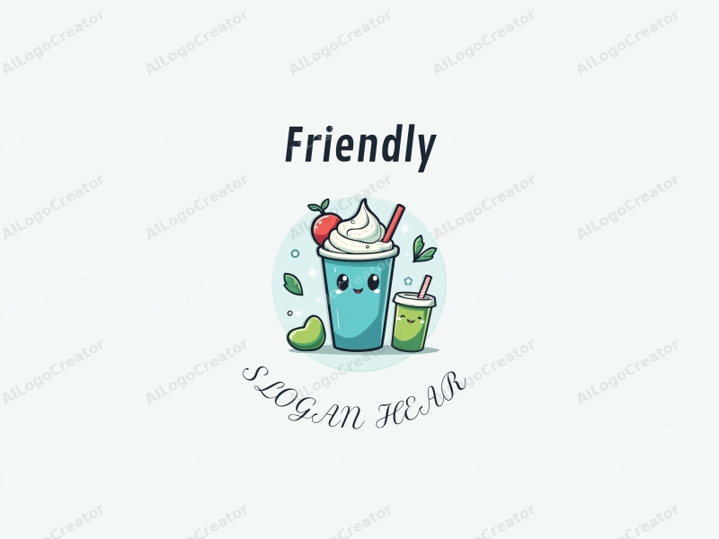 playful design features friendly elements like cute coffee cups and jelly drinks, combined with a vibrant blue and green color palette, set against a clean background.