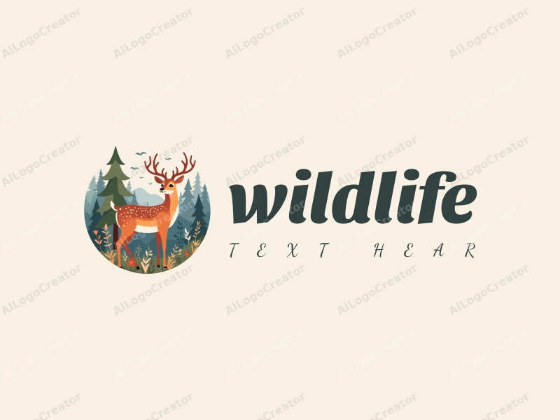 playful design features a stylized deer amidst a vibrant forest, incorporating elements of wildlife and nature, with a clean background and harmonious composition.