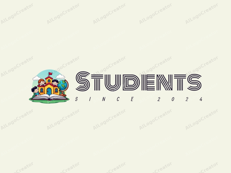 playful design features cheerful students, a stylized school building, open books, and a globe, combined with a vibrant and colorful background.