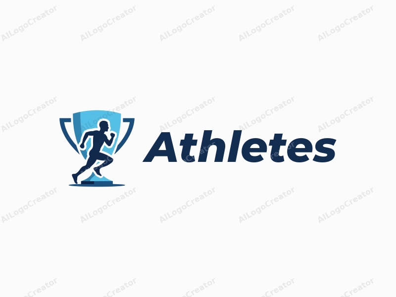 modern design features a stylized runner in motion, a trophy symbolizing victory, and a clean background with blue accents.